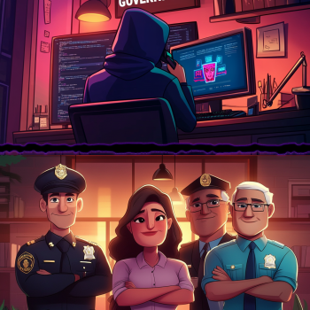The image is divided horizontally: the top half shows a hooded figure from behind, actively working on multiple computer screens in a dark, neon-lit room, while the bottom half depicts a group of four smiling individuals, including a female professional and three men in various authority uniforms (police officer, uniformed official, civilian professional), standing with crossed arms.